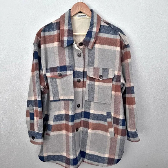 CHARLOTTE AVERY | Navy Blue Tan Plaid  Oversized Shacket Jacket | Medium - Picture 1 of 7
